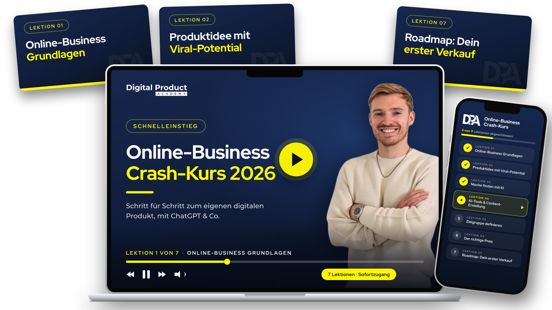 Online-Business Crash-Kurs 2026 der Digital Product Academy auf Laptop und Smartphone